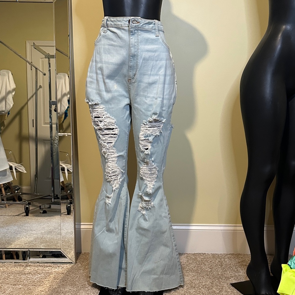 Zara Light Blue Distressed Flare Jeans